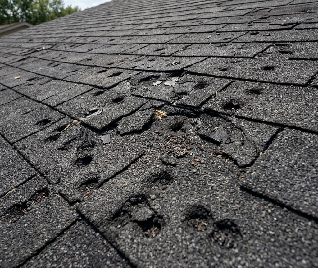 Roof shingles with multiple dents and damage caused by hail - Insurance Claim Management - Roofing & Restoration of North Texas
