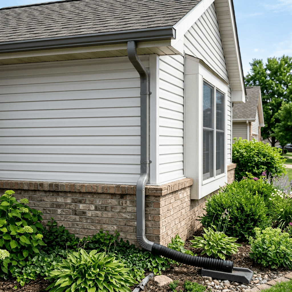 Downspout attached to beige siding directing water away from brick foundation into drainage pipe - Roofing & Restoration of North Texas
